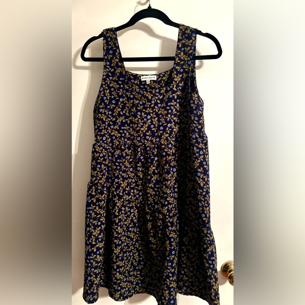 Moon River Kids Dress with Navy and Gold Floral Design